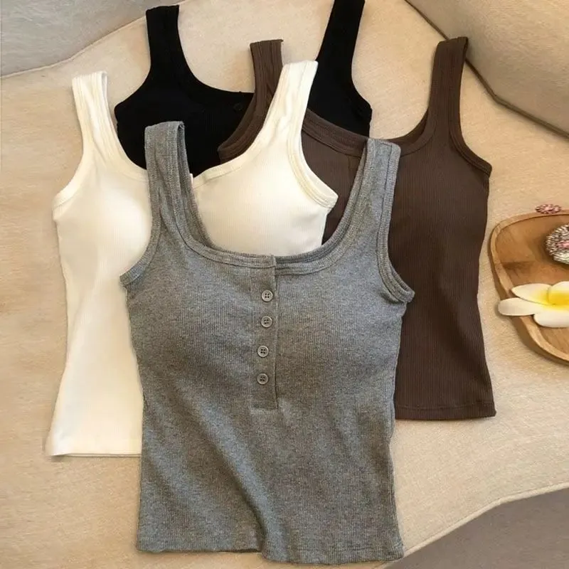 1Pcs Women's Ribbed Henley Tank Top Square Neck Button Front Built-in Bra Sleeveless Camisole