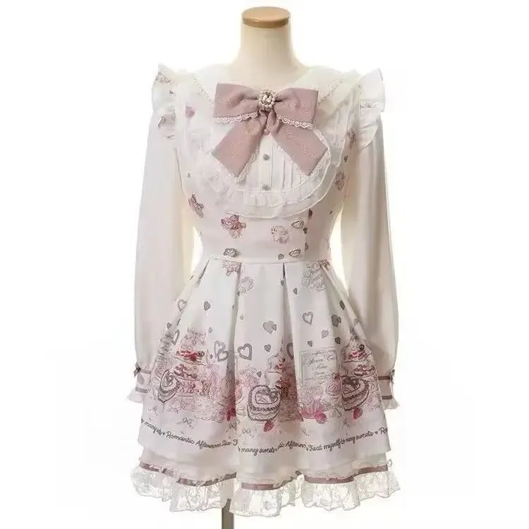 Sweet Lolita Style Lace Pearl Cute Print Shirt Dresses Japanese Kawaii Bow Dress Set Gothic Y2k Tea Party Women Dress 2025 New — image 7