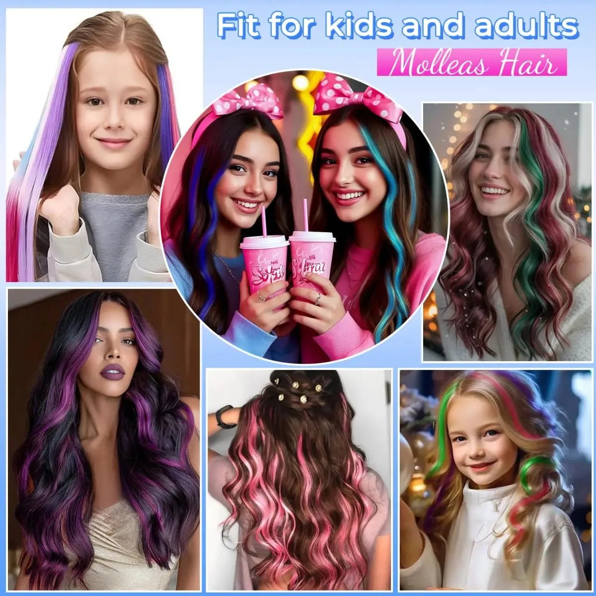 Synthetic Clip in Hair Extensions for Girls 22 inch Multi-colors 6pcs/pack Rainbow Straight Hair Synthetic Hairpieces — image 6