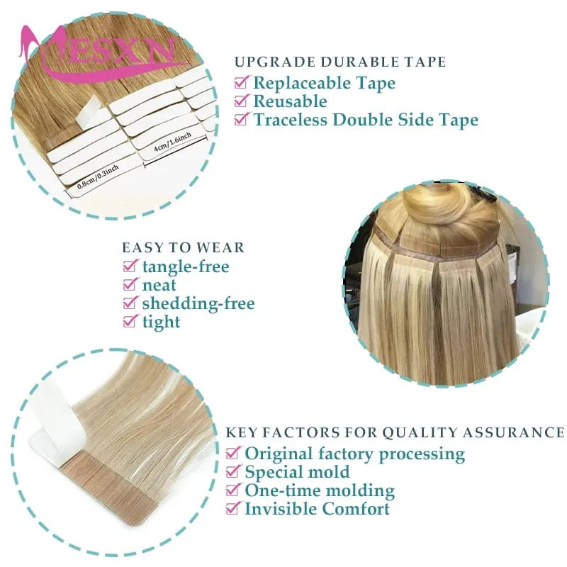 Tape In Hair Extensions 100% Really Human hair Extensions 16"-24" Black Brown Blonde Invisible Can dye For Salon — image 3