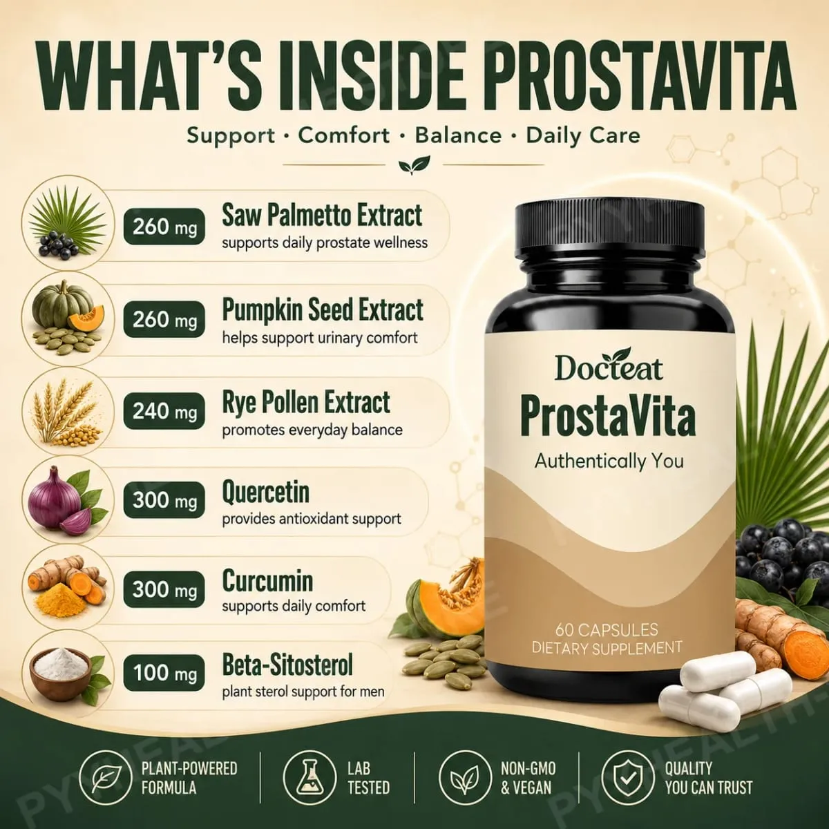 Docteat ProstaVita Men's Prostate Health Capsules with Beta-Sitosterol Saw Palmetto Pumpkin Seed and Lycopene 60 Count — image 3