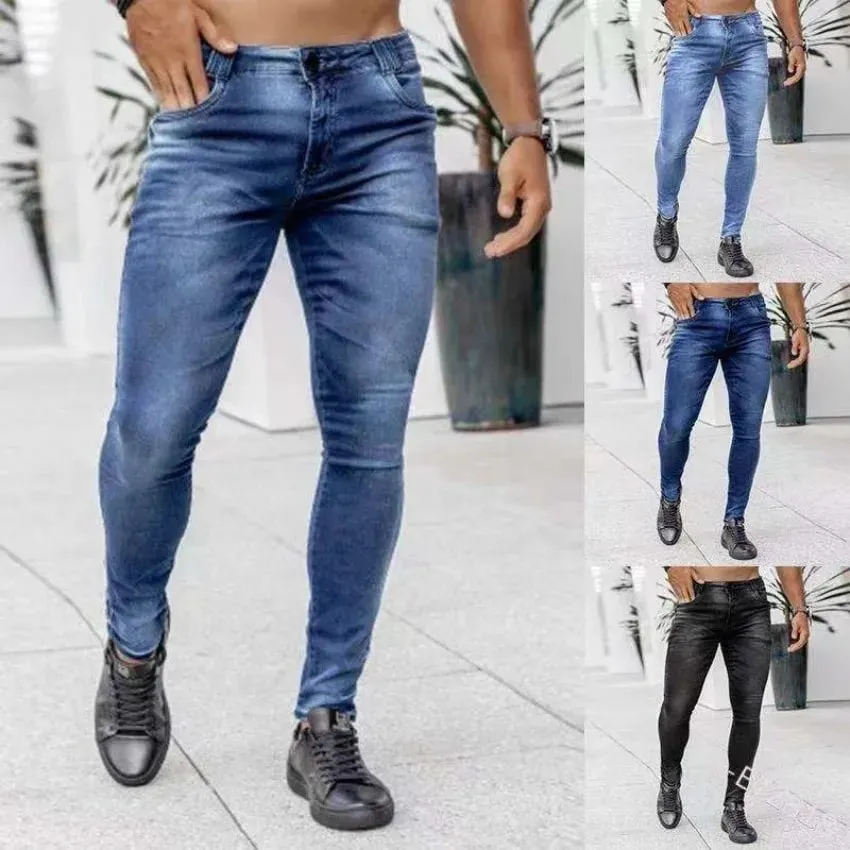 Men High Waist Skinny Jeans Stretch Pencil Pants Solid Color Ins Trendy Street Slim Fit Denim Trousers Male Casual Pants — image 9