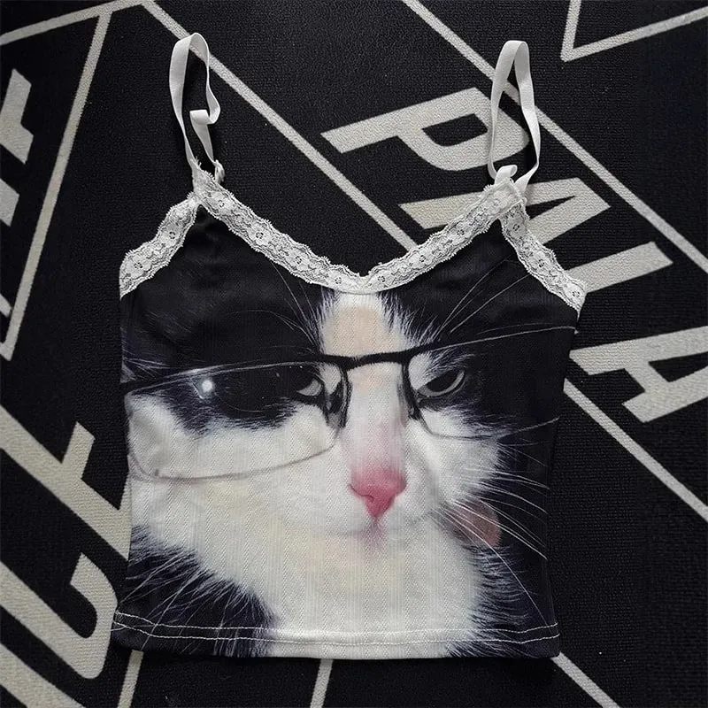Women Lace Trim Spaghetti Strap Cami Top Cute Glasses Cat Print Slim Y2K Coquette Summer Sleeveless Crop Tank Top — image 5