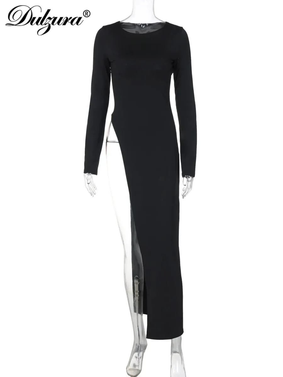 Dulzura Maxikleid mit langen Ärmeln und seitlichem hohem Schlitz, einfarbig, sexy, langes Kleid für Damen, Party, Club, Streetwear, Herbst-Winter-Outfit