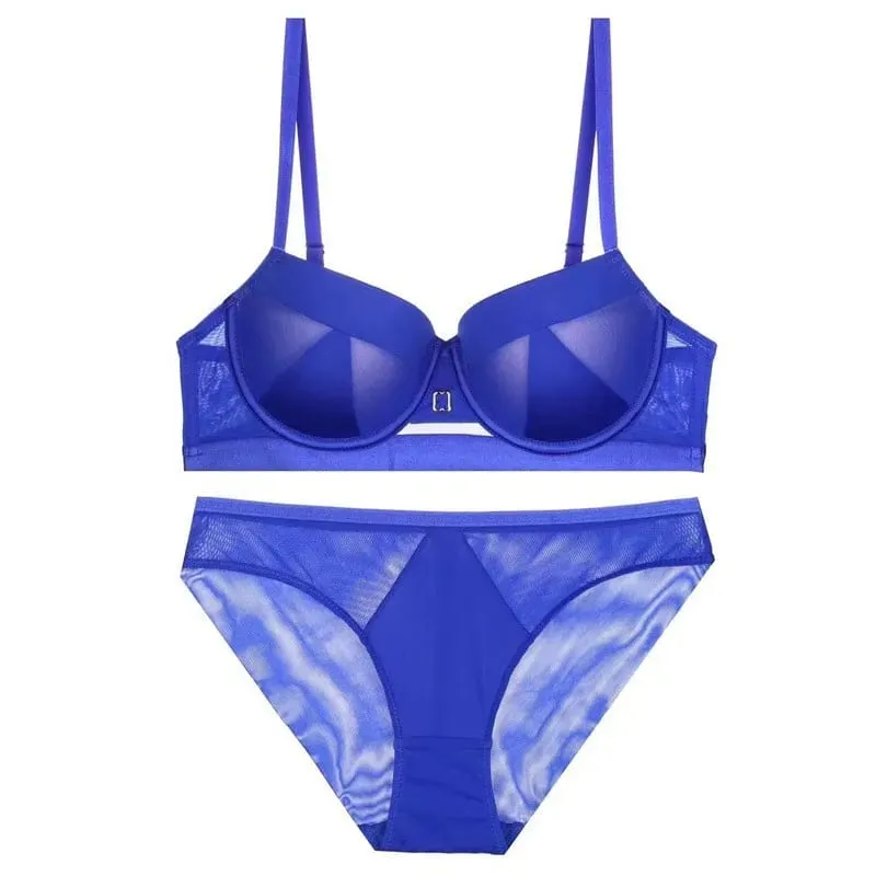 high quality sexy mesh women bras and brief two piece set push up B C D cup wire summer lingerie underwear black blue — image 7