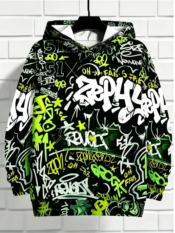 European and American Men's Autumn Gothic Letter Graffiti Print Soft and Comfortable Hooded Sweatshirt Outdoor Street Top — image 2