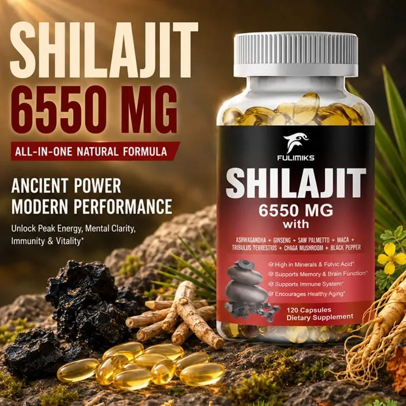 Shilajit 6550MG Capsules with Ashwagandha & Ginseng Supports Energy Stamina Immunity Brain Function & Healthy Aging