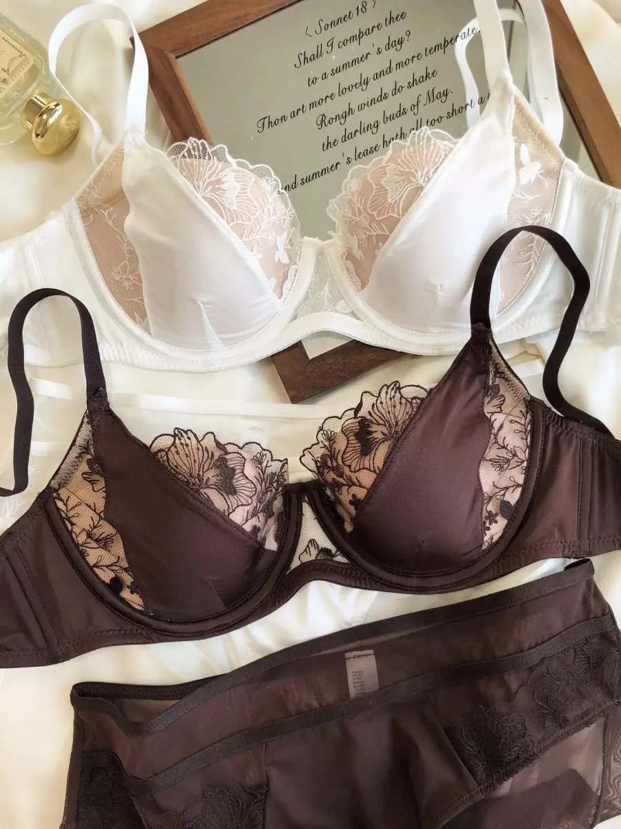 Sexy Lace Women Lingerie French Flowers Embroidery Bra Set Breathable Mesh Splicing Push Up Bras Hollow Thin Cup Underwear Sets — image 3