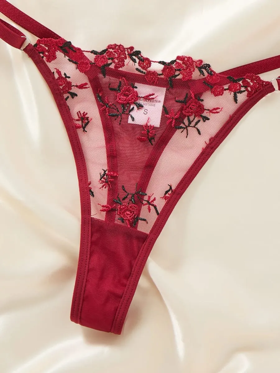 Vintage Wine Red Floral Lace Lingerie Set Thin Double Straps Sheer Transparent Mesh Bra Adjustable Briefs Boudoir — image 4