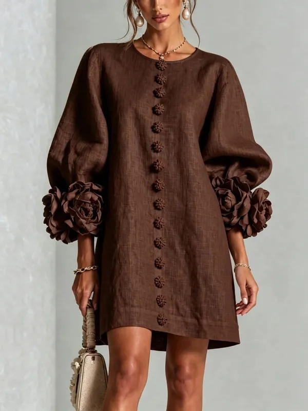 Women Spring Autumn 3D Flower Long Lantern Sleeve Cotton Linen Mini Dress Solid Crew Neck Loose Elegant Daily Wear Short Dress — image 14