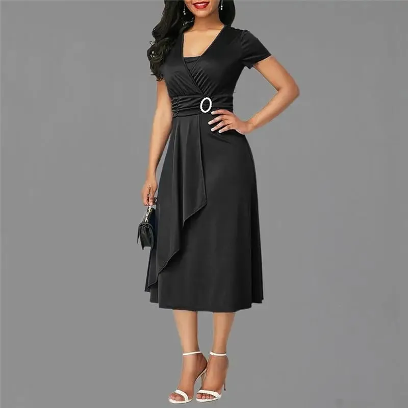 We.Fine Dress Women Solid Color Short Sleeve V Neck Asymmetric Hem Waist Midi Party Dress Elastic Female Dresses Woman Vestidos — image 10