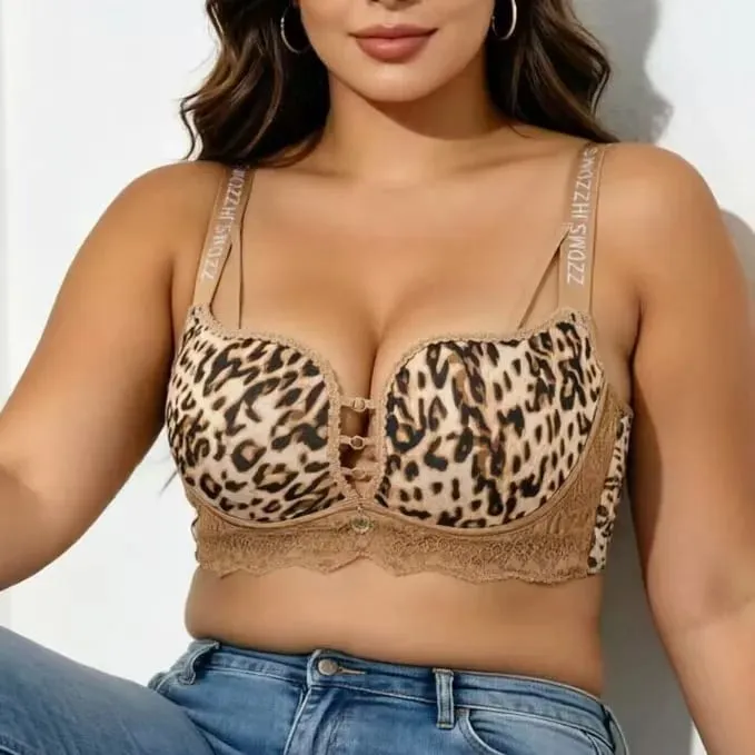 plus Size Thin Wireless Minimizer Bra Leopard Print Gather Anti-Sagging Comfort Lingerie for Big Bust Women — image 1