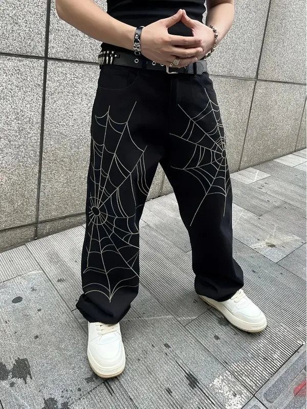 Men's Black Jeans Spider Web Printing Loose Wide Leg Casual Daily Trousers High Street Fashion Trendy Streetwear Denim Pants — image 4