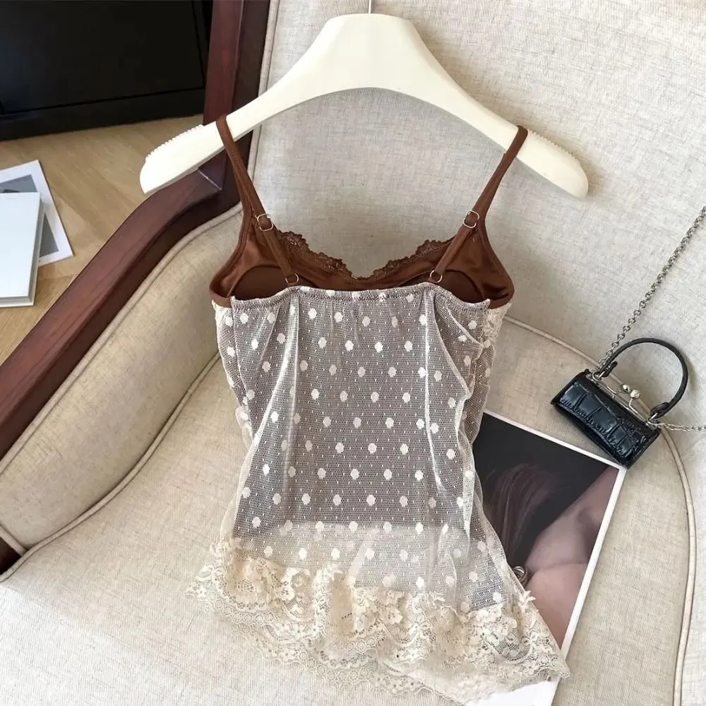 Lace Dots Fake Two Pieces Camisole Wrapped Chest Bra Slim Fit Sweet Girl's Tank Top Tank Top Elastic Bra with Pads Cami Summer