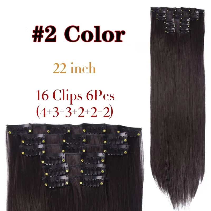22 Inches Synthetic Long Straight Hairstyle 16 Clips 6Pcs/Set Hair Extensions Blonde Black Hairpieces Heat Resistant For Women