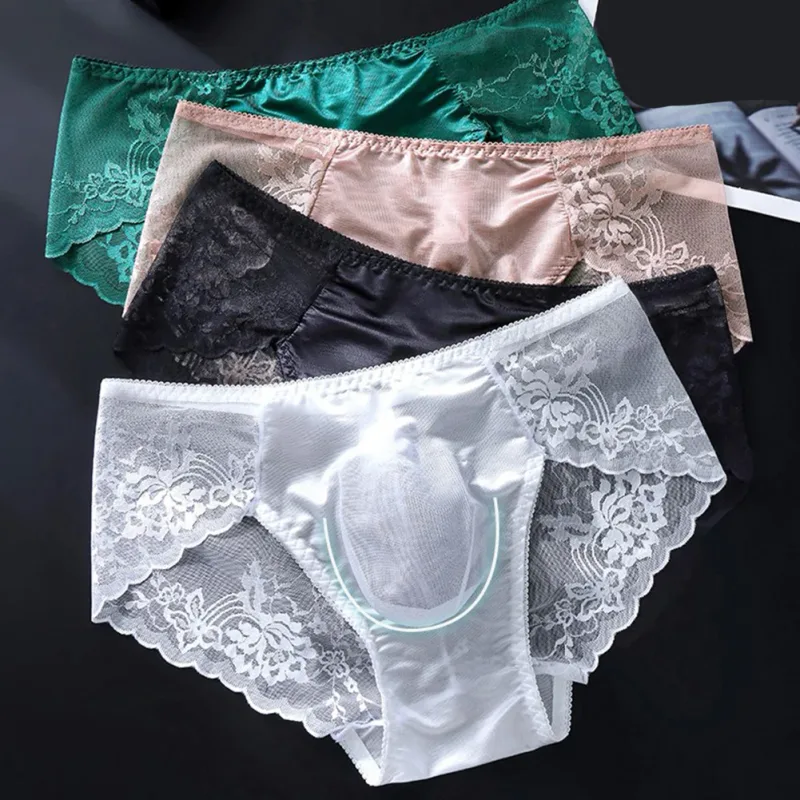 Men Lace Briefs Seamless Ice Silk Briefs Underwear 3D Bulge Pouch Low Waist Gay Panties