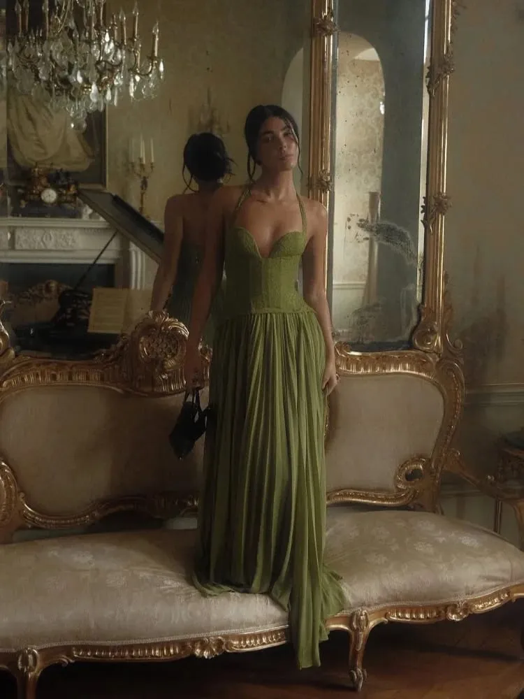 Chic Green Fishbone Halter Long Dress Lady Sexy Solid Backless Pleated Off-Shoulder A-Line Dresses 2026 New Christmas Party Gown — image 3