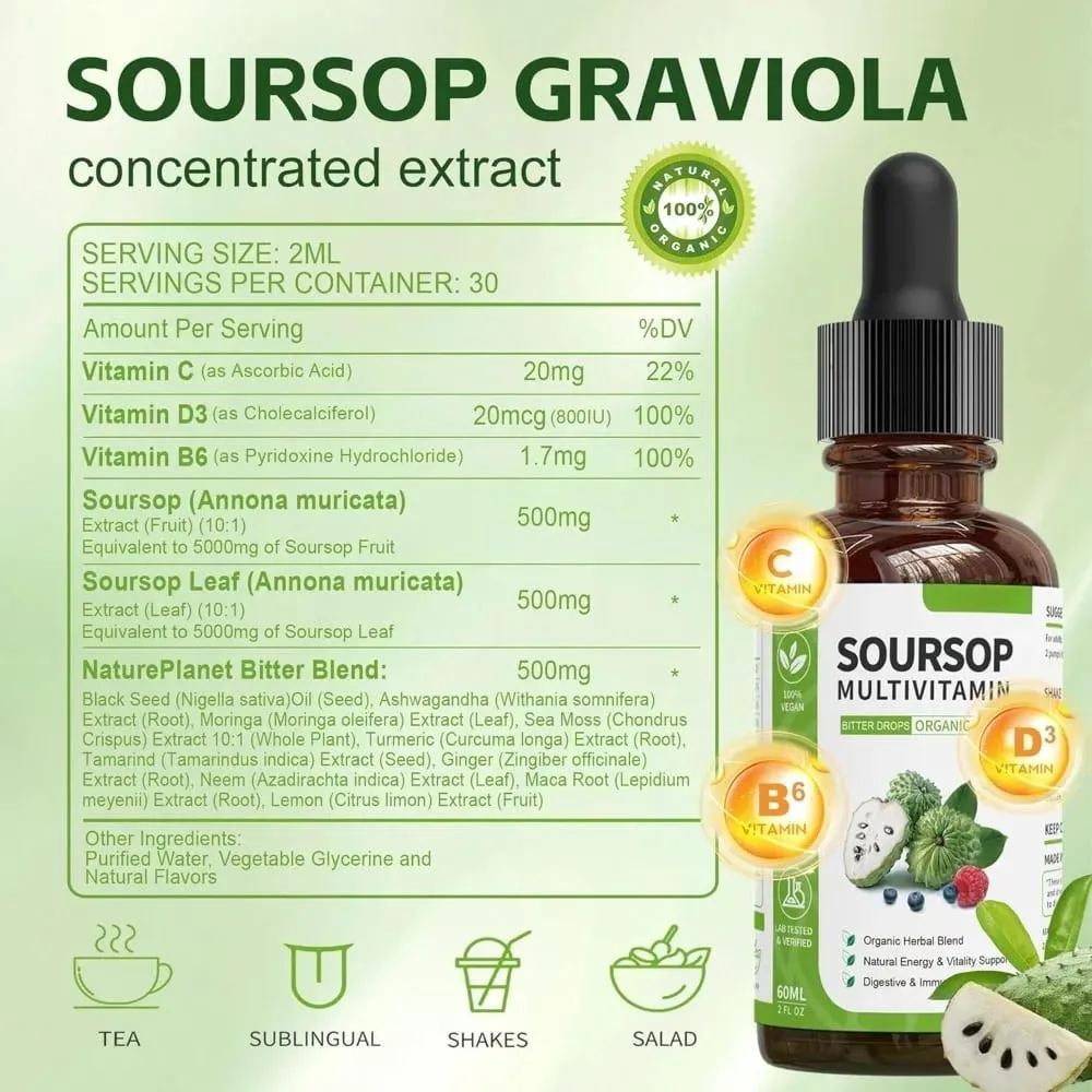 Corossol liquide gouttes extrait de plantes supplément à base de plantes avec mélange de fruits et de feuilles de corossol formule de bien-être quotidienne végétalienne