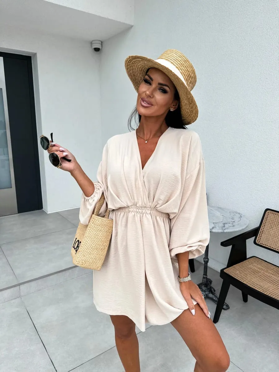 Casual Loose Women'S Dress 2024 Fashion Solid V Collar Puff Sleeve Mini Dresses Elegant Female Sexy Dress — image 6