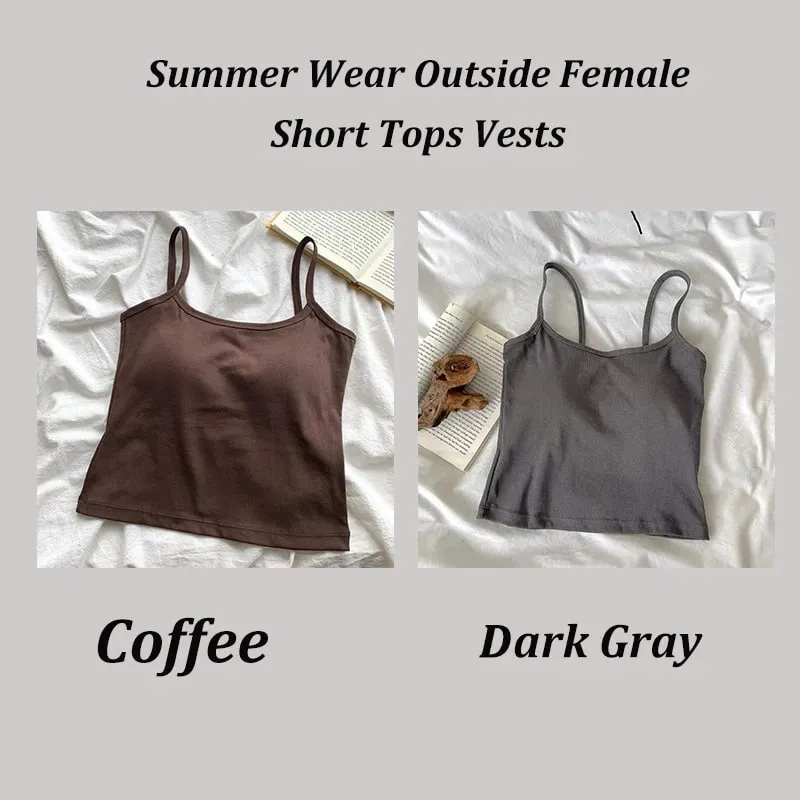 2PCS/SET Women's Basic Cotton Camisole madam Solid Color Spaghetti Straps Sleeveless Slim Vests Breathable Short Sleeveless Tops