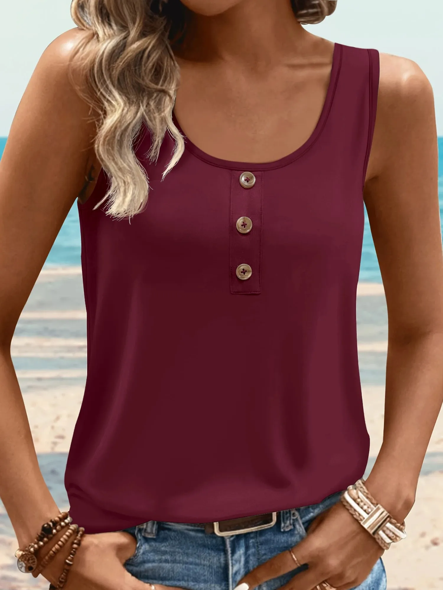 U Neck Sleeveless Henley Tank Top with Front Buttons Relaxed Fit Basic Cami for Women All Seasons Daily Wear — image 1
