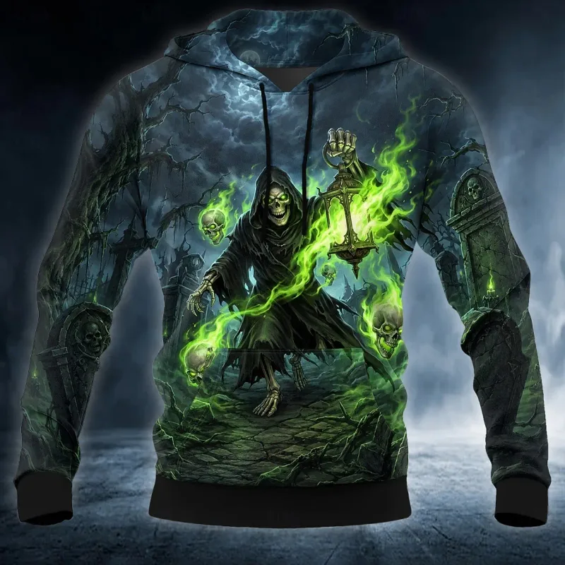 ผู้ชาย Gothic มนุษย์หมาป่ากราฟิกพิมพ์ Hoodie เสื้อแขนยาวเสื้อกันหนาว Casual Full Moon Wolf Hooded เสื้อ Tops — image 5