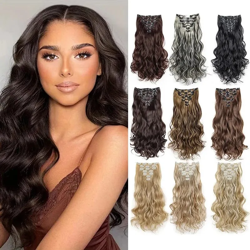 Clip In Hair Extensions 7 PCS Full Head 18Inch Long Curly Wavy Synthetic Hair Pieces Natural Wavy For Women GirlsHair cosplaywig — image 1