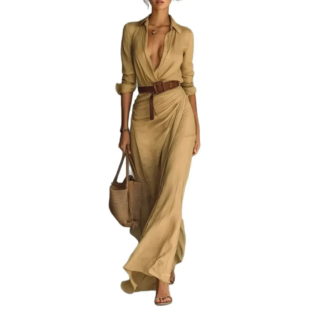 2025 New Autumn Woman Sexy Deep V Neck Hollow Long Dress Elegant Solid Belted Irregular Party Long Sleeve Slim Casual Dresses