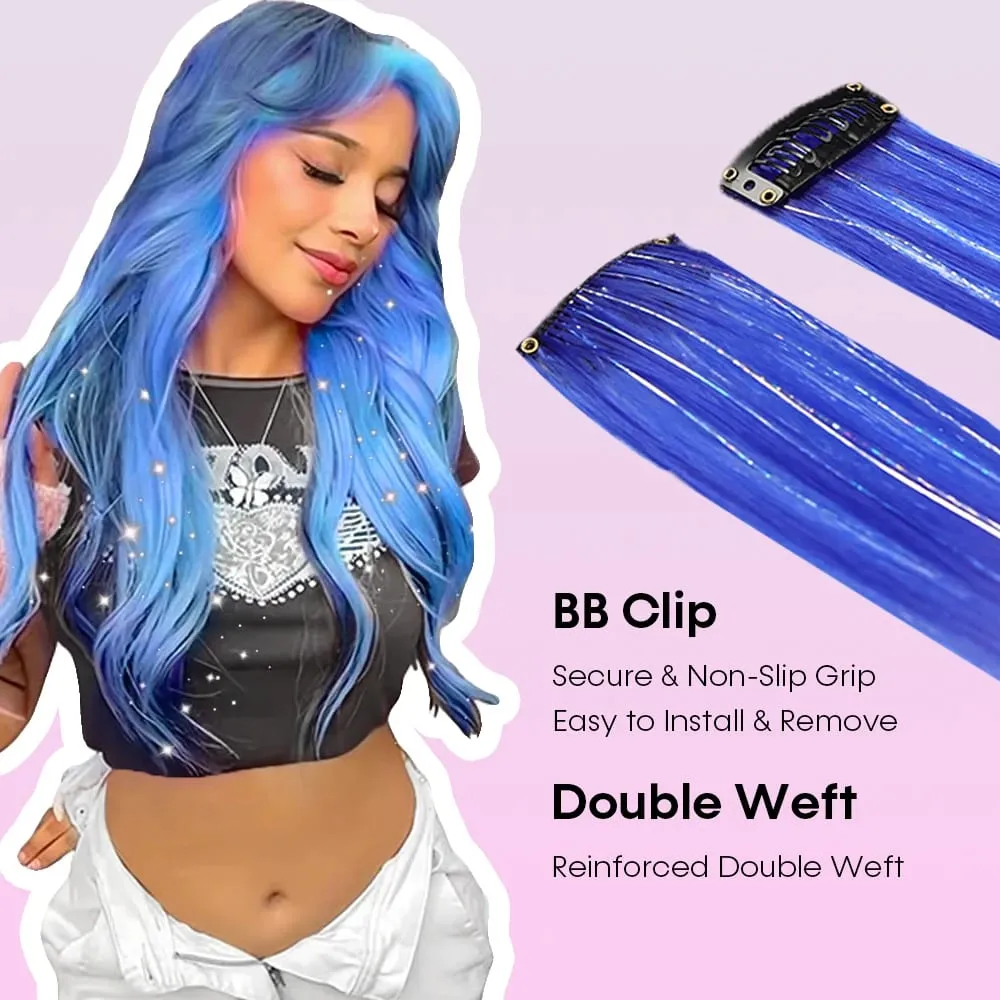 Synthetic 6pcs Clip in Hot Pink Hair Extensions Mix tinsels 22 Inch Colored Hair Extensions 2 in 1 Rainbow Hair — image 4