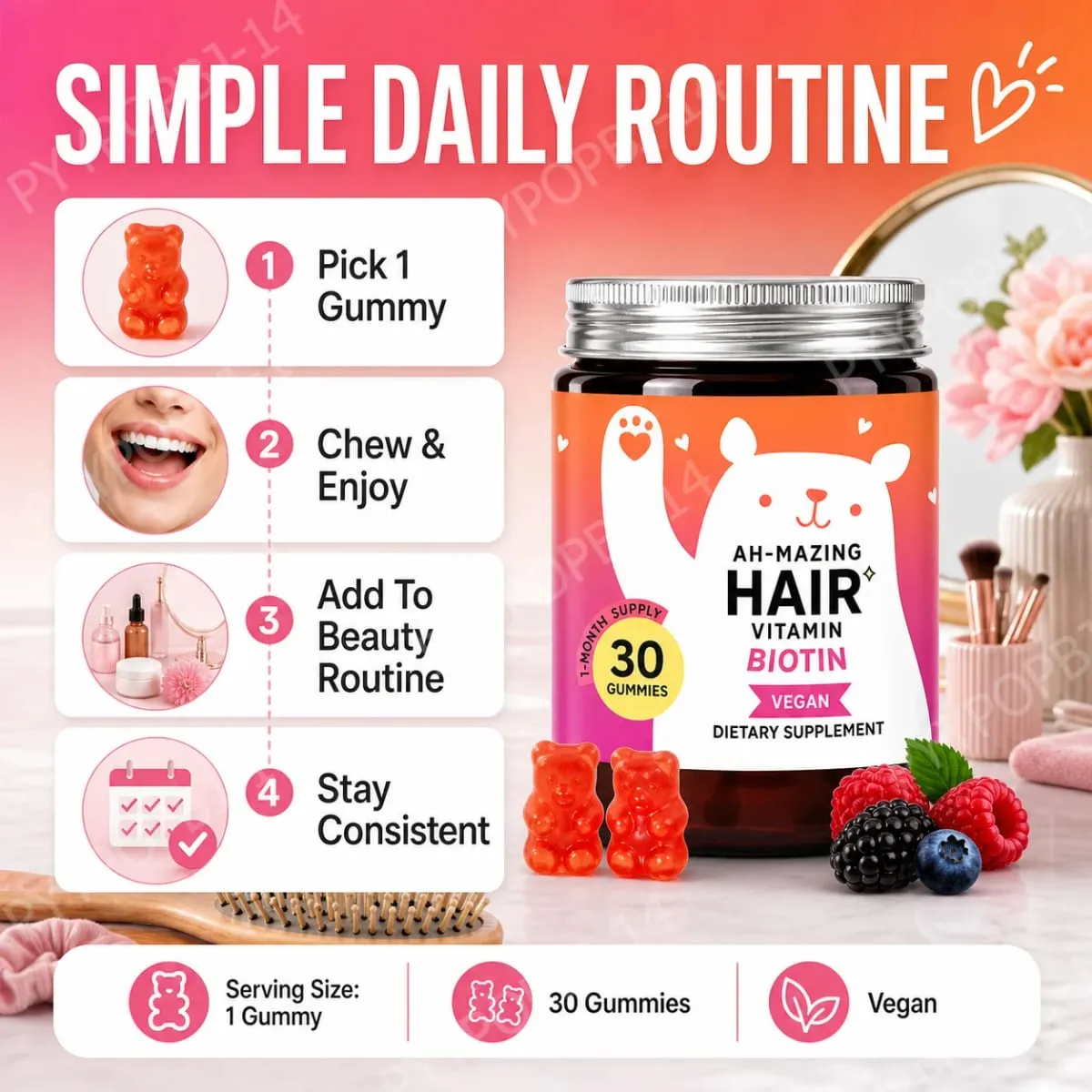 Biotin Gummies 5000 Mcg Rambut Kulit Kuku Mendukung Vitamin Kecantikan Vegan 30 Gummies Suplemen Kesehatan Harian