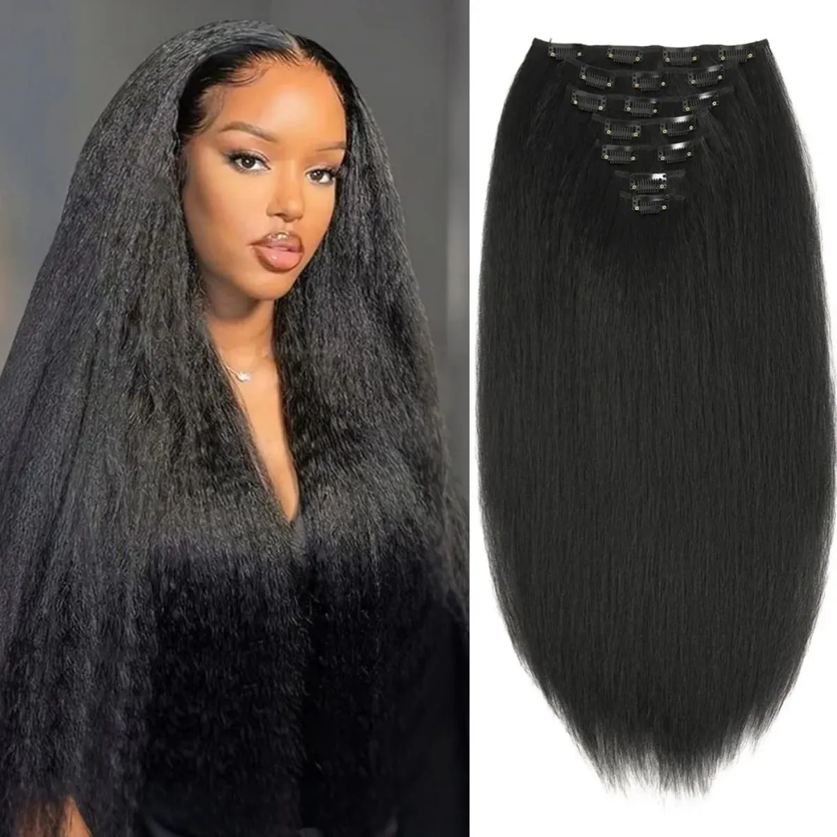 Synthetic Kinky Straight Clip-In Hair Extensions for Women Full Head Yaki Hair Extensions 16 Clips 7 Pcs