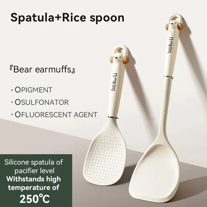 New Improved Kitchen Cooking Utensil 3-Piece Set - Silicone Spatula Rice & Soup Spoon Heat Resistant Non-Stick Cooking Tools