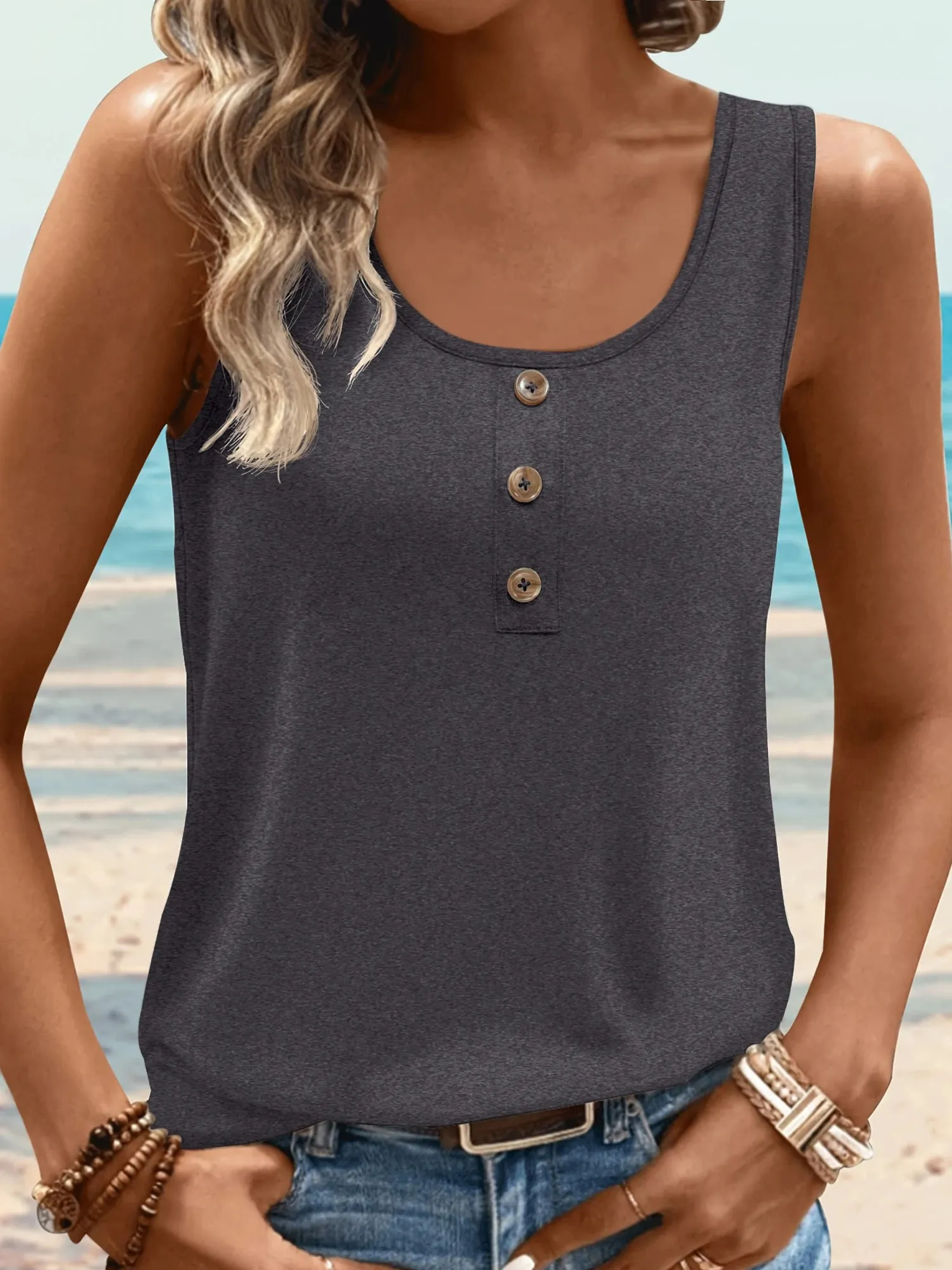 U Neck Sleeveless Henley Tank Top with Front Buttons Relaxed Fit Basic Cami for Women All Seasons Daily Wear — image 5