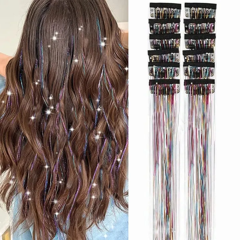 12pcs Per Pack of BB Hair Clips Shiny Metallic Hair Extensions with Clips Synthetic Hair Sparkling Hair Accessories for Women