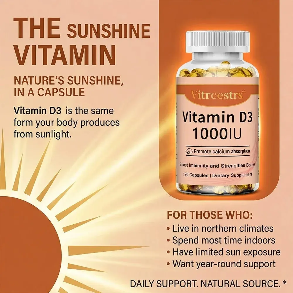 Vitamin D3 1000iu for Immune Support Healthy Muscle Function and Bone Health - Non-GMO Gluten Free 120 Vegetable Capsules