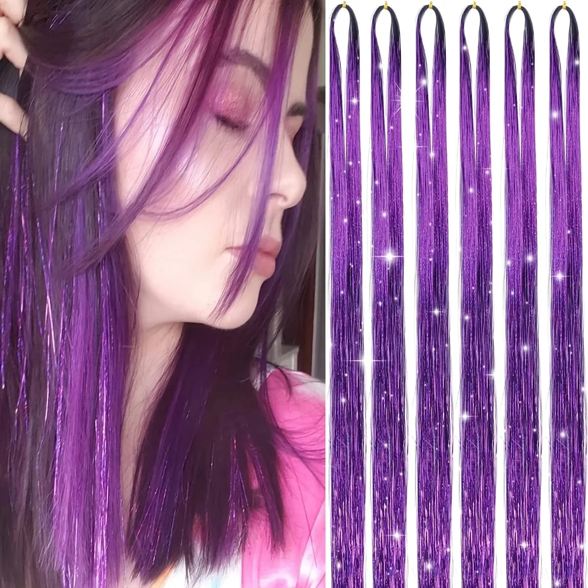 6pcs 22inch Colorful Glitter Tinsel Hair Extensions Fairy Hair Extension Hair Extension Tinsel Glitter Hair Synthetic Extensions — image 6