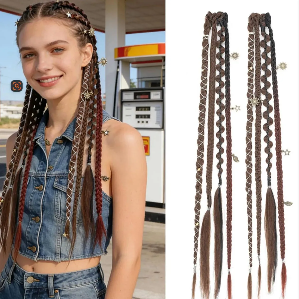2PCS Synthetic 20Inch Bohemian Braided Ponytail Hair Extensions With Metal Charms Brown Mix Burgundy Handmade Box Braid Ponytail — image 2