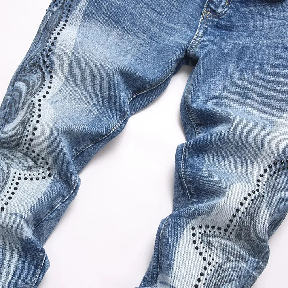 Men's Boot Cut Denim Jeans Streetwear Rivet Crystal Rhinestone Printed Pants Slim Flared Blue Stretch Trousers — image 3