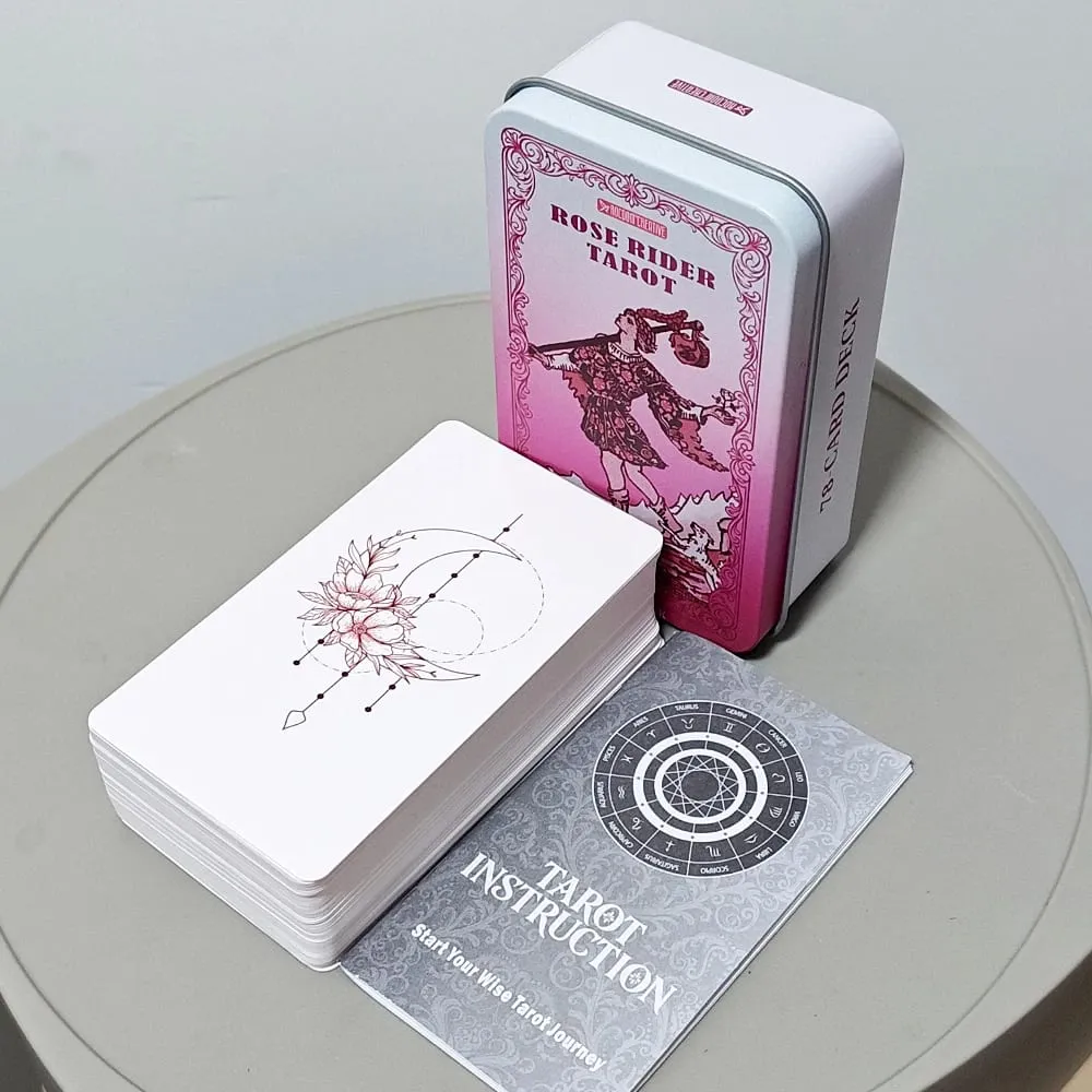 Rose Rider Tarot Deck in Tin Box - 11*6.2cm 78 Classic Vintage Pink Tarot Cards with Guidebook Aesthetic Rose Pink