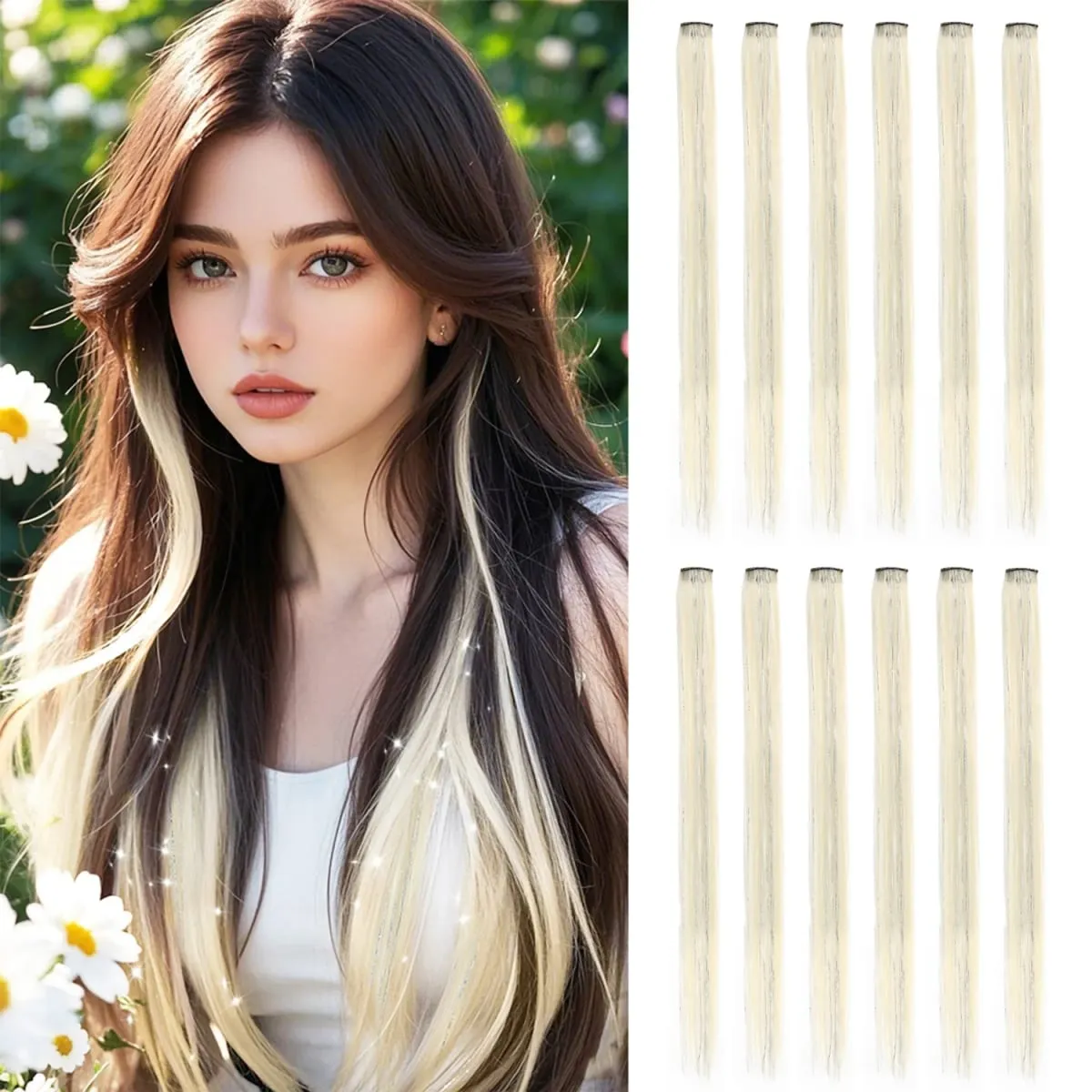 Synthetic Clip in Hair Extensions 12pcs/pack Clip in Colorful Hair Mixed Tinsels Glitter Hairpices for Women Girls Daily Party — image 13