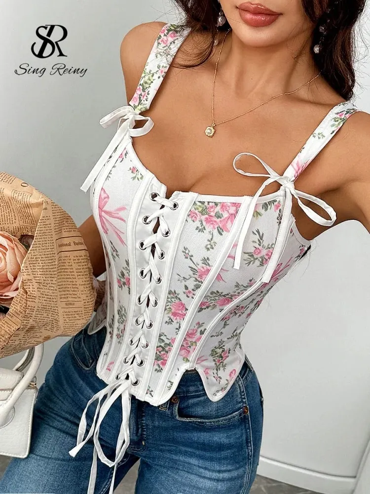 Strap Holiday Floral Corset Top 2026 New Arrival Lace Up Sexyl Shapewear Top Frenc Irregular Bohemian Print Camisole — image 1