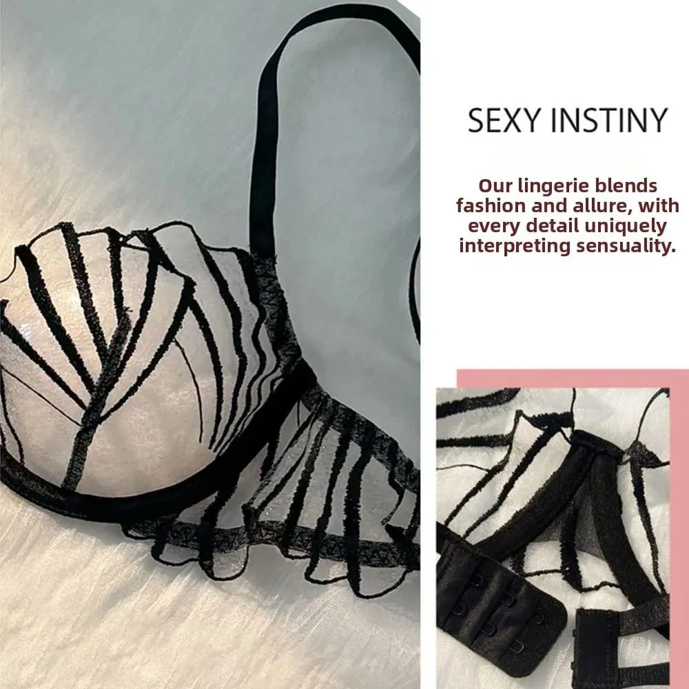Sexy Women's Bra Set Ultra Thin Breathable Lace Mesh Lingerie Set Comfortable Lightweight Scallop Transparent Lingerie Set