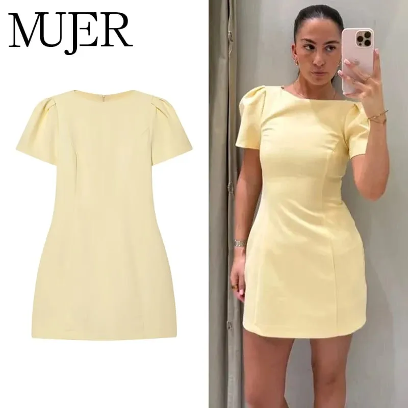 2026 Pleated Short Dresses for Women Yellow Holiday Women's Dresses Elegant Party Dresses Woman Short Sleeve Formal Dress — image 2