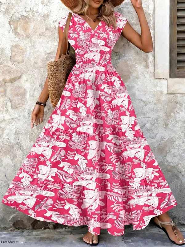 2026 Vintage Floral Print Dress Elegant V-Neck Short Sleeve Long Women's Fashion Retro Gown — image 4
