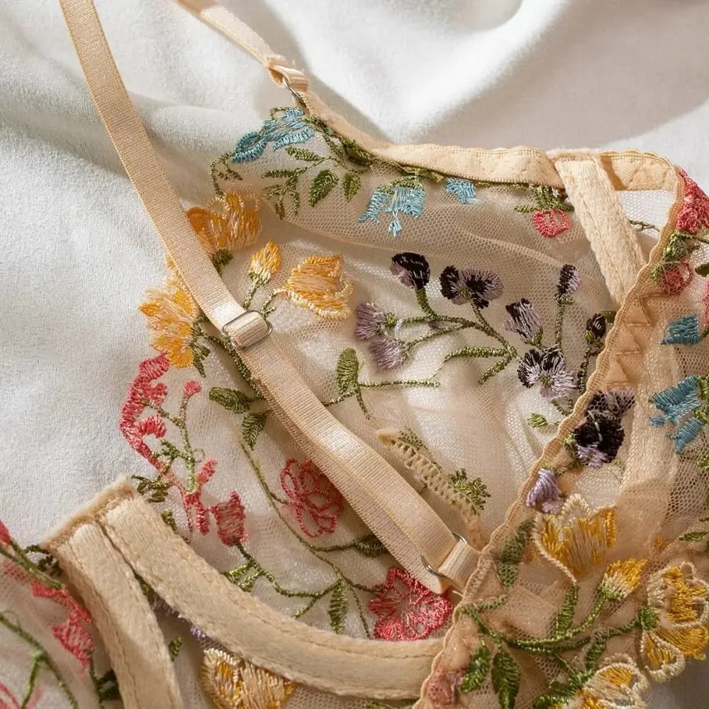 2-Piece Versatile Floral Lingerie Set Embroidery Sheer Women Underwear Boho Bra Panty Set