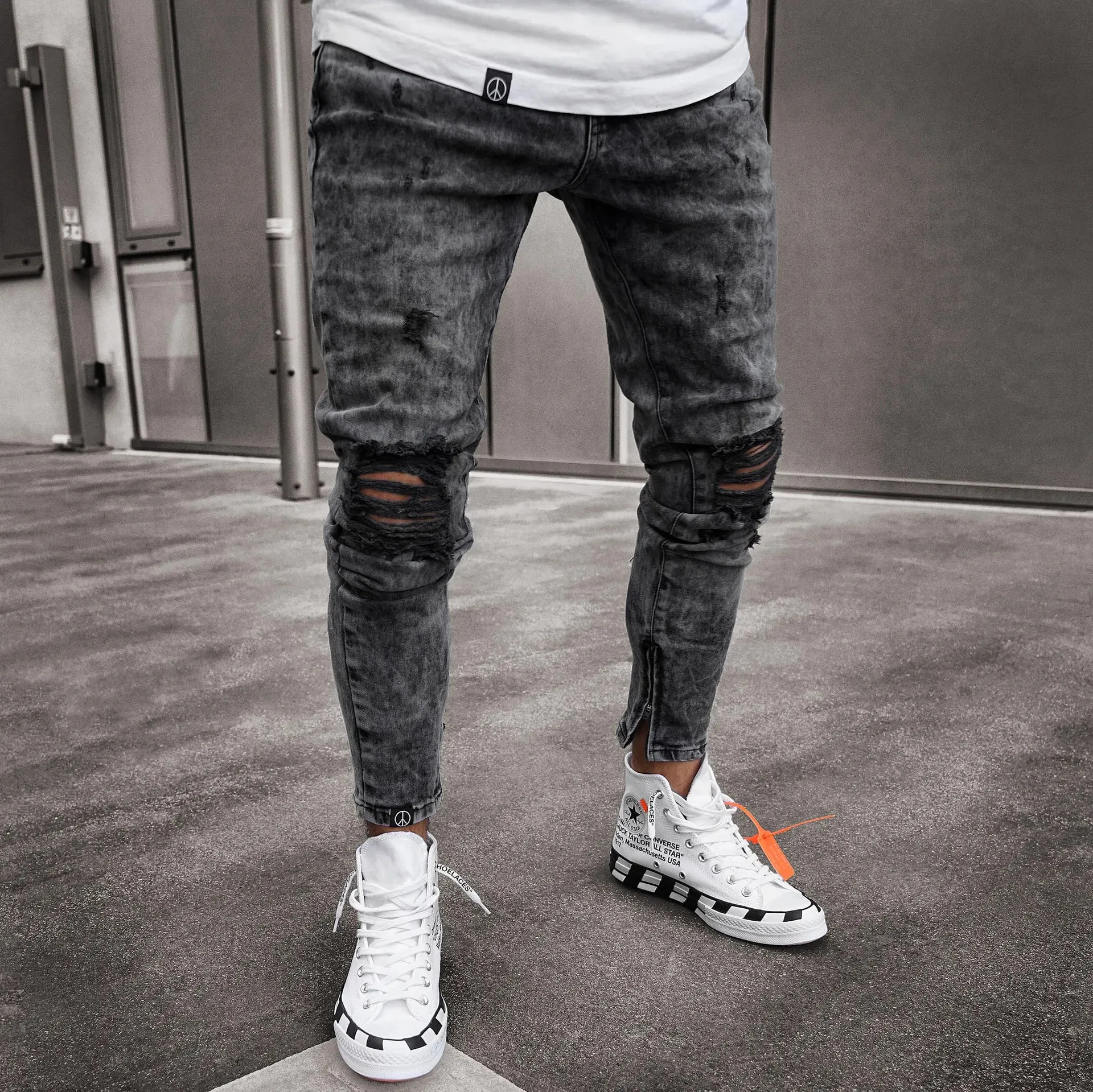 Denim Pant Men Jeans Vintage Pencil Pants High Waist Distressed Hole Skinny Trousers Zipper Hem Y2k Streetwear Splice Casual — image 5