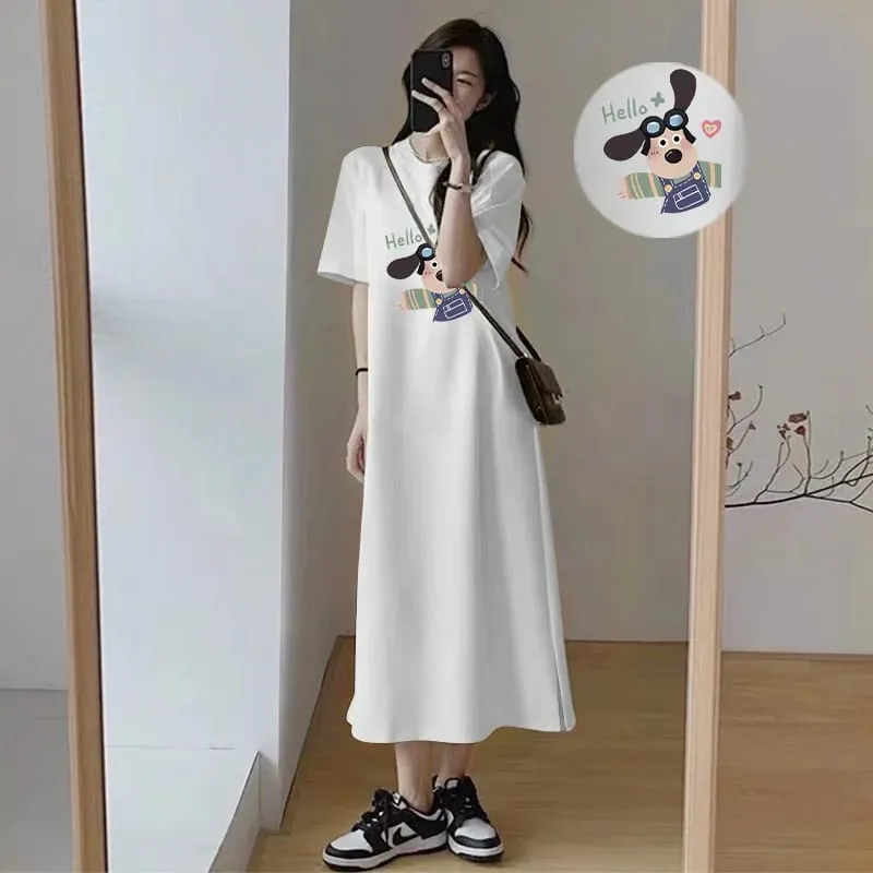 Cute Cartoon Dog Print T-Shirt Dress Women Loose Short Sleeve Split Casual Midi Dress — image 5