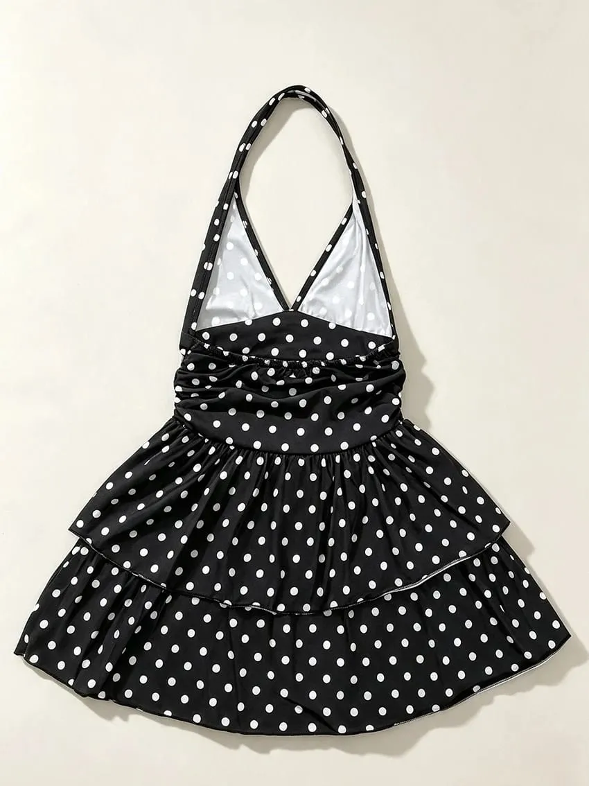 Vintage Polka Dot Halter Dress for Women Deep V‑Neck Backless Ruched Waist Tiered Ruffle Dress Retro Party Casual Short Dresses