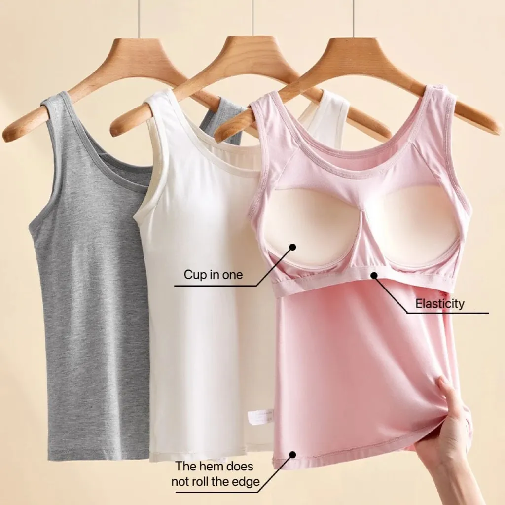 1pcs Women's Vest Tops Round Neck Vests Solid Color Padded Slim Fit Tank Tops Sexy Feminino Casual Tank Tops With Built In Bras — image 1