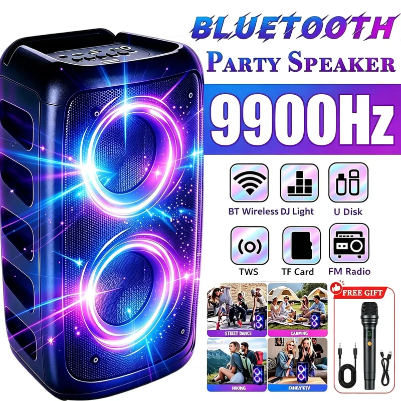 Профессиональный большой Bluetooth-динамик 9900 Гц с микрофоном. Портативный дизайн с сабвуфером. Светодиодная подсветка. Совместимость с функциями BT/USB/TF/AUX/FM/TWS/MIC/EQ. Профессиональное караоке. Идеальный подарок на день рождения, Рождество и Новый год